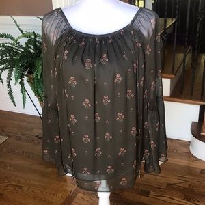 WHBM olive green sheer loose neck top S